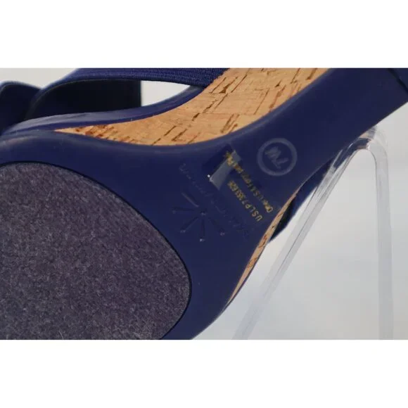 Isaac Mizrahi Navy Blue‎ Cork Wedge Sandals with Adjustable Tan Strap - Size 7W - Picture 8 of 9